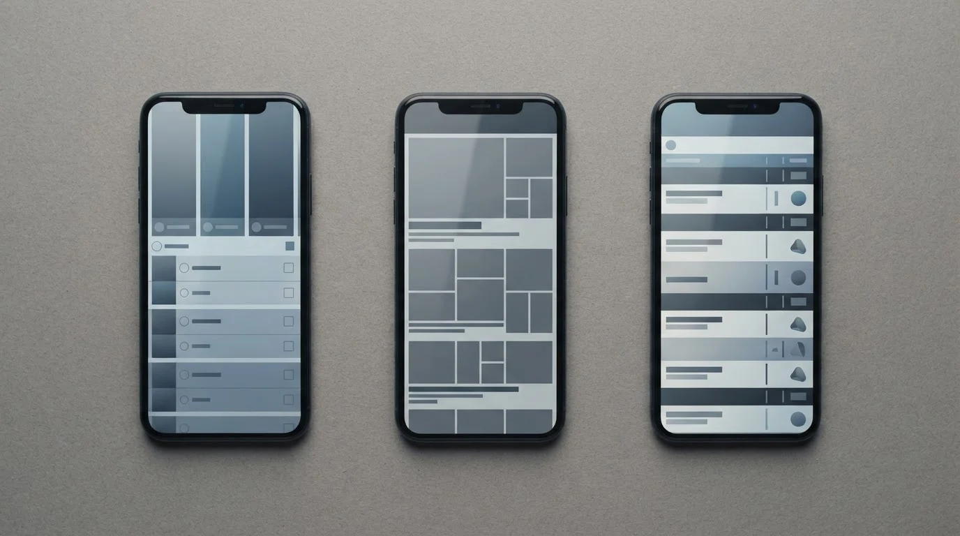 Mehrere Smartphones nebeneinander mit abstrakten App-Oberflächen im Vergleich
