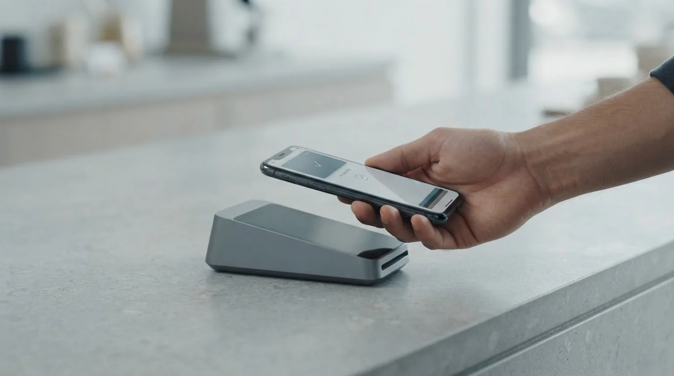 Hand hält Smartphone über neutralem Payment-Terminal, Zahlvorgang mit Apple Pay