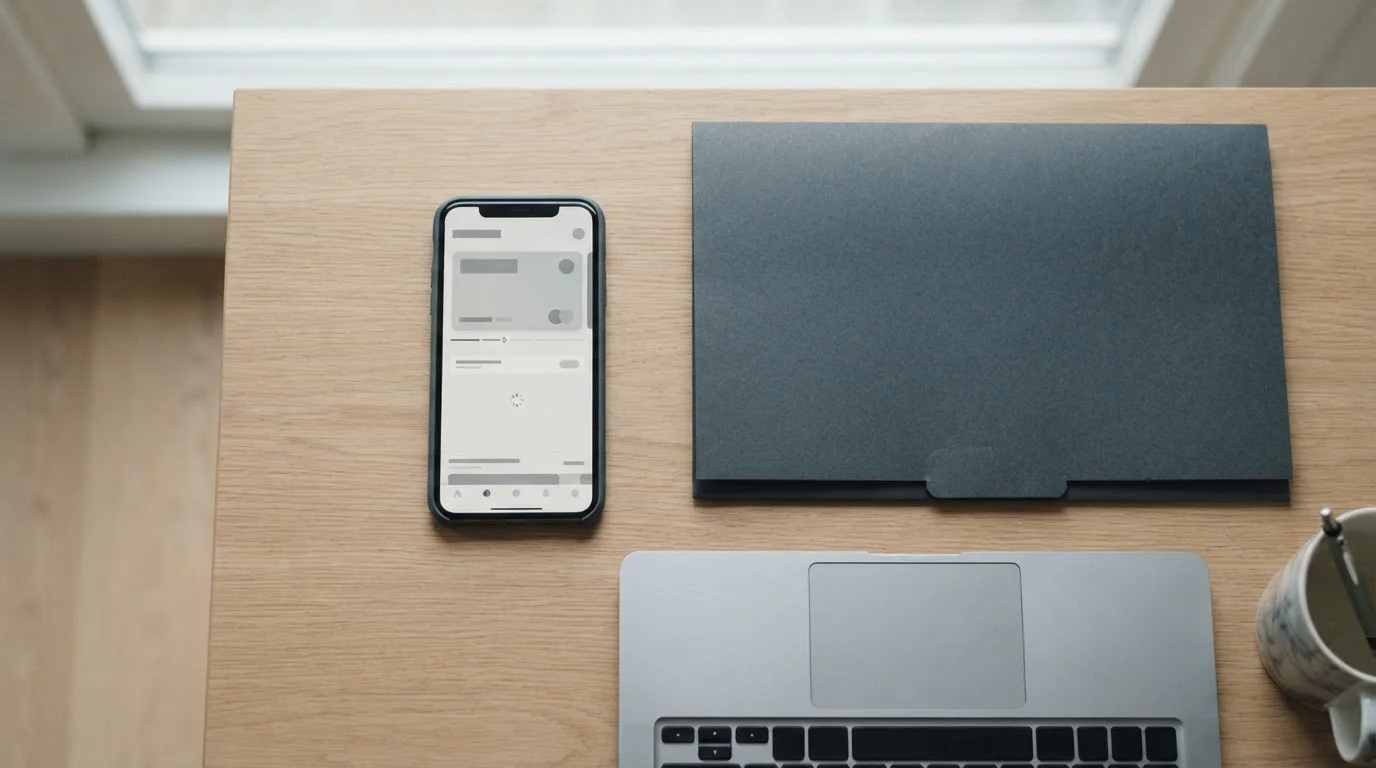 Smartphone mit Zahlungs-Interface und Dokumentenmappe auf Schreibtisch