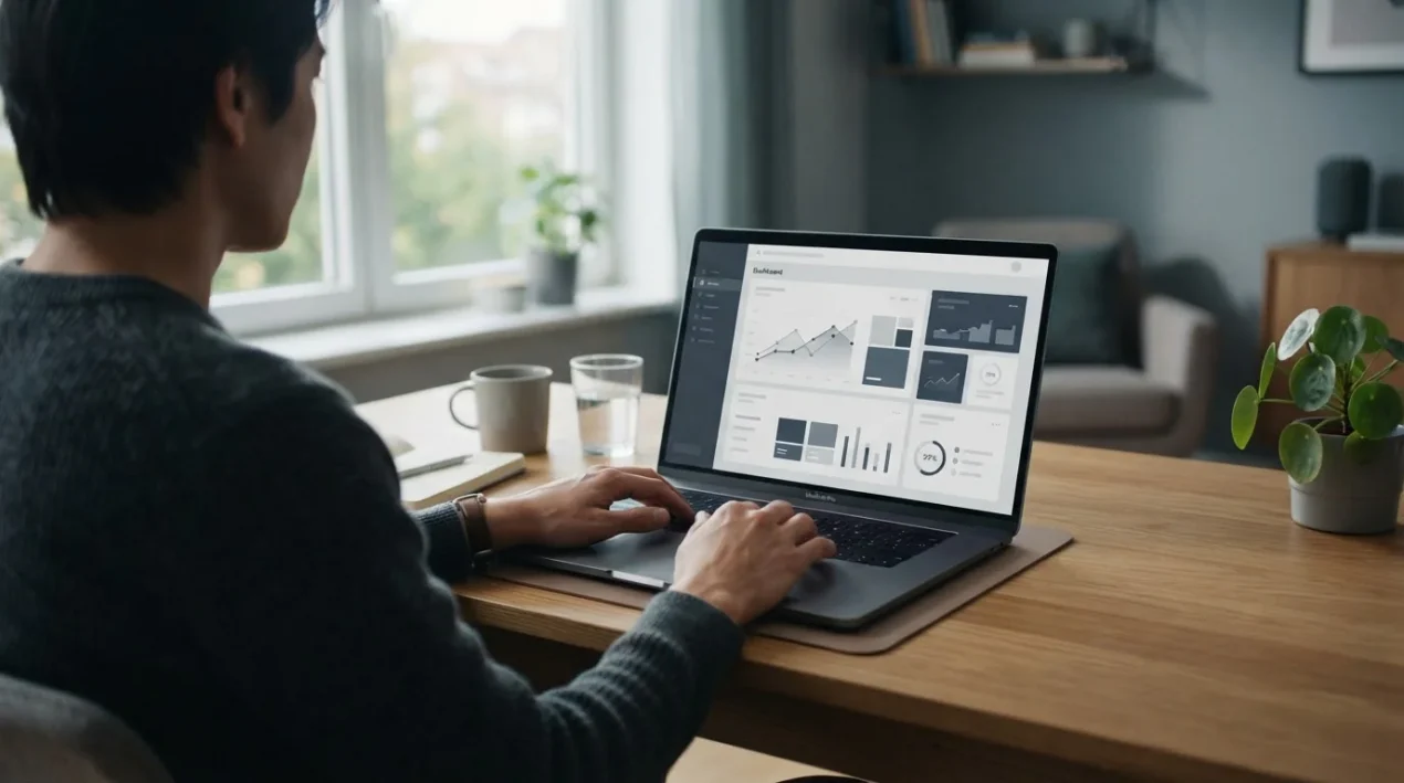 Laptop auf Schreibtisch zeigt abstraktes Banking-Interface für Sportwetten-Zahlungen