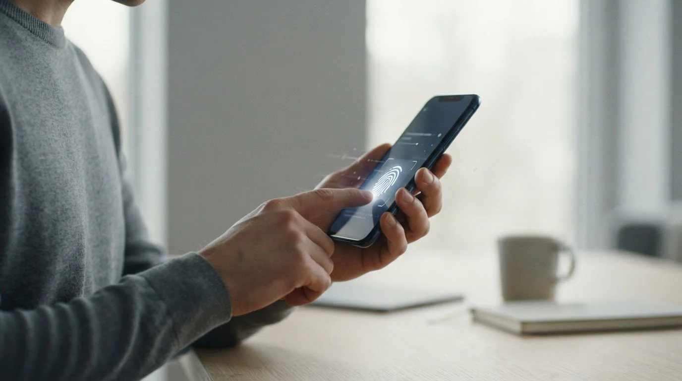 Hand auf Smartphone-Display bei biometrischer Authentifizierung