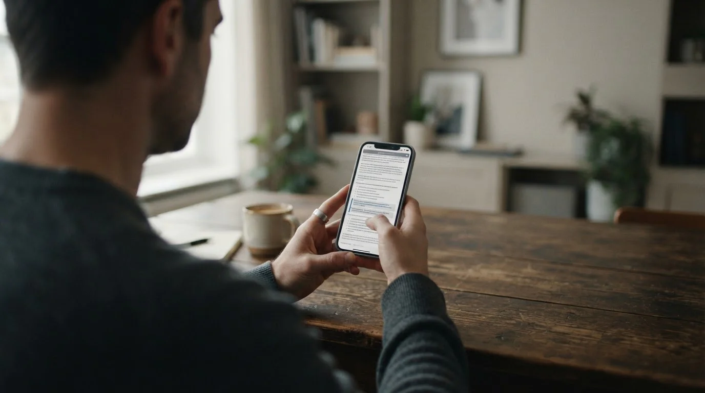 Person liest auf dem Smartphone die Geschäftsbedingungen eines Bonus-Angebots