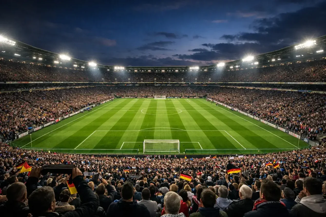 Volles Bundesliga-Stadion mit Fans und grünem Rasen