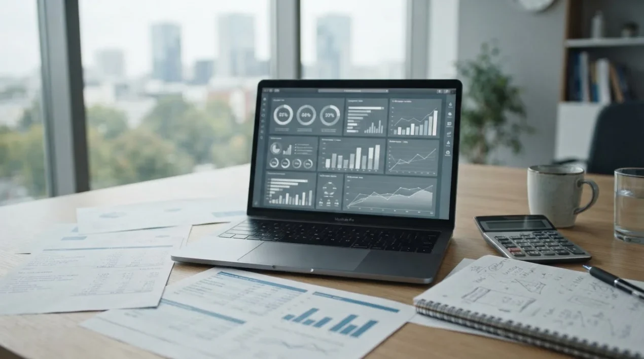 Arbeitsplatz mit Laptop und Dokumenten zur Analyse der Wettsteuer bei Online-Wettanbietern