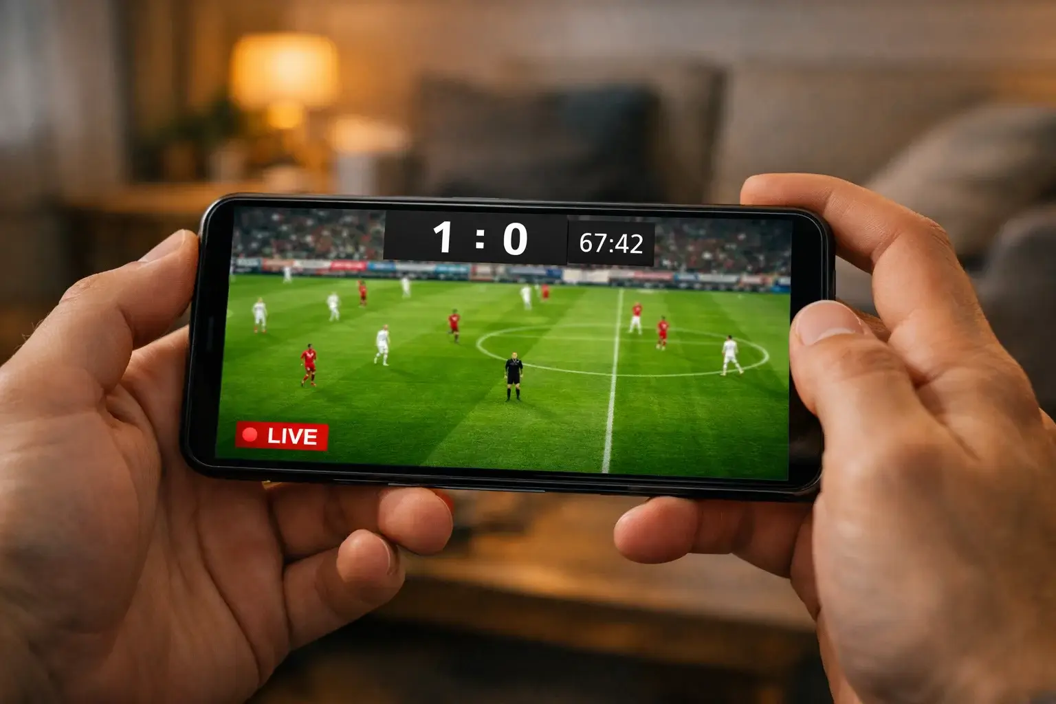 Smartphone zeigt Live-Fußballspiel mit Wettquoten