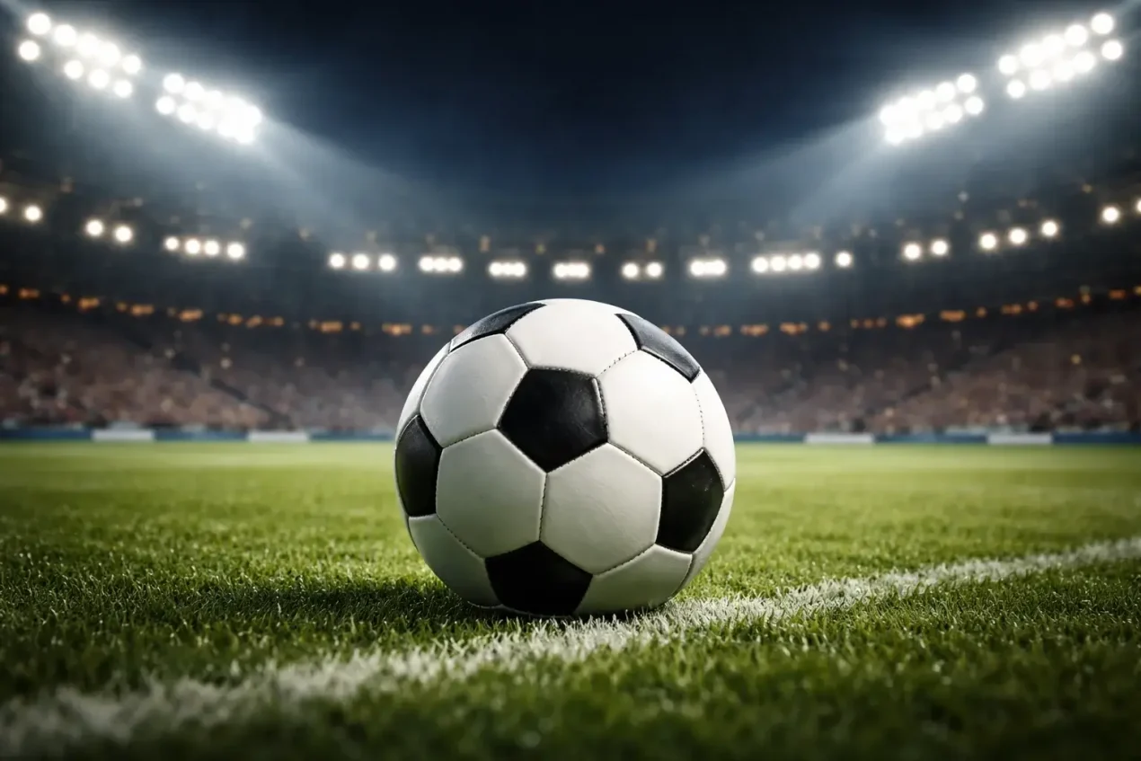 Fußball auf Rasen vor Stadionkulisse bei Flutlicht