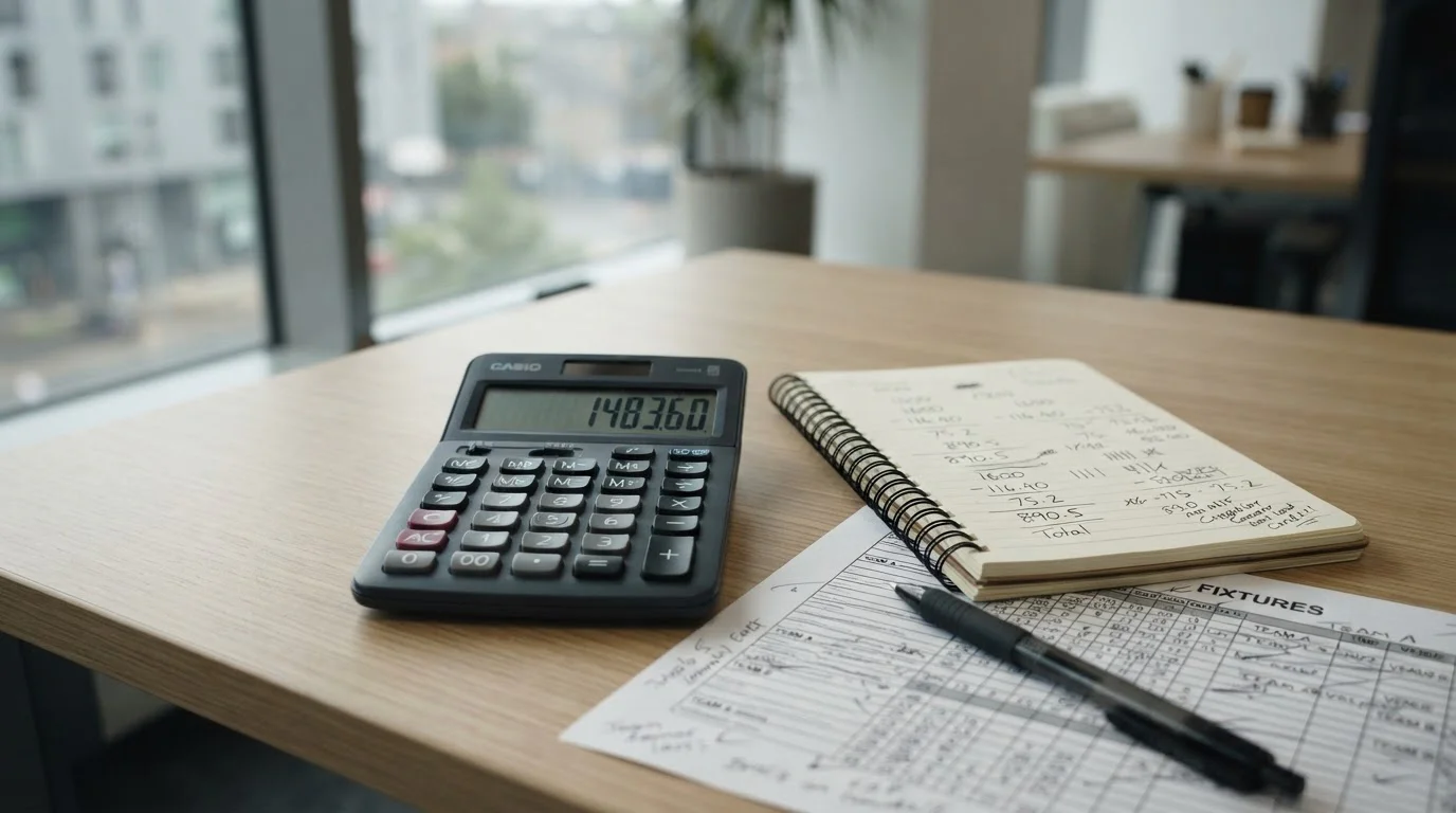 Taschenrechner und Notizblock mit Zahlenkolonnen neben Fußball-Spielplan