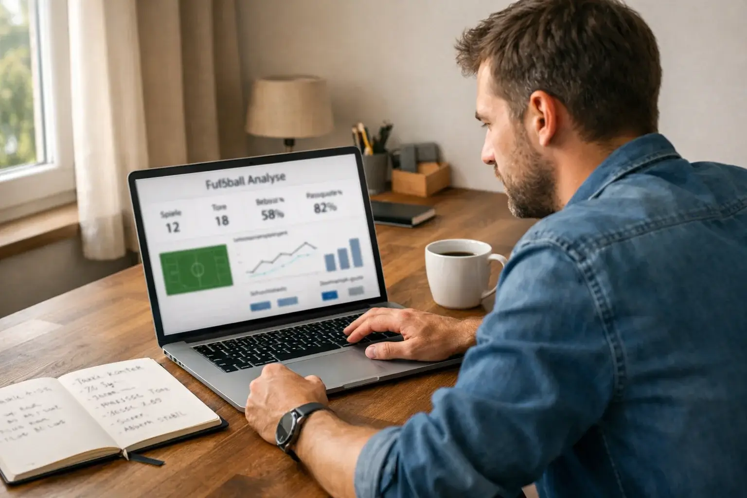 Mann analysiert Fußballstatistiken auf einem Laptop