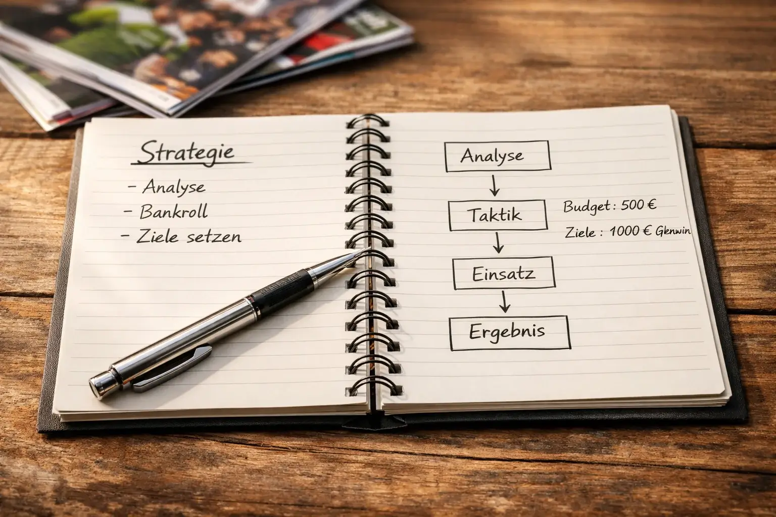 Notizblock mit Wettstrategie und Stift auf Holztisch
