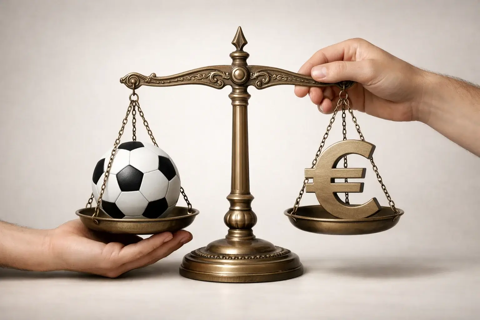 Person hält symbolisch eine Waage mit Fußball und Eurozeichen