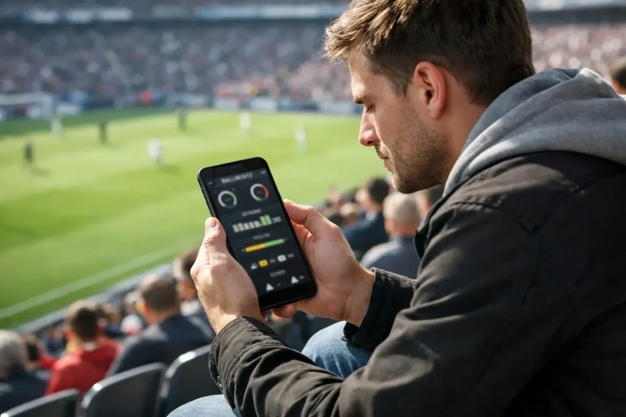 Fußballfan analysiert Spielstatistiken auf dem Smartphone im Stadion