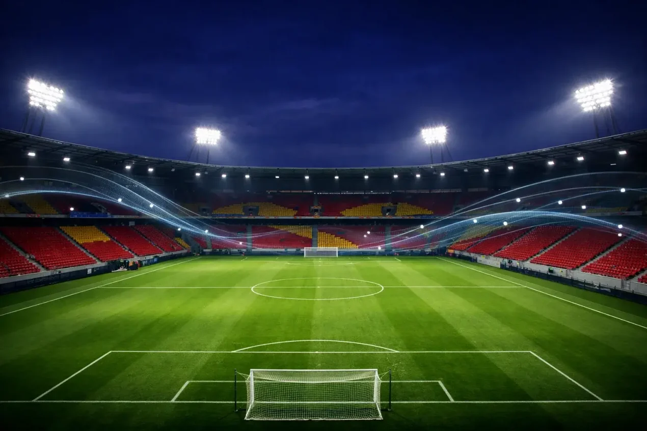 Fußballstadion mit jubelnden Fans bei einem Bundesligaspiel
