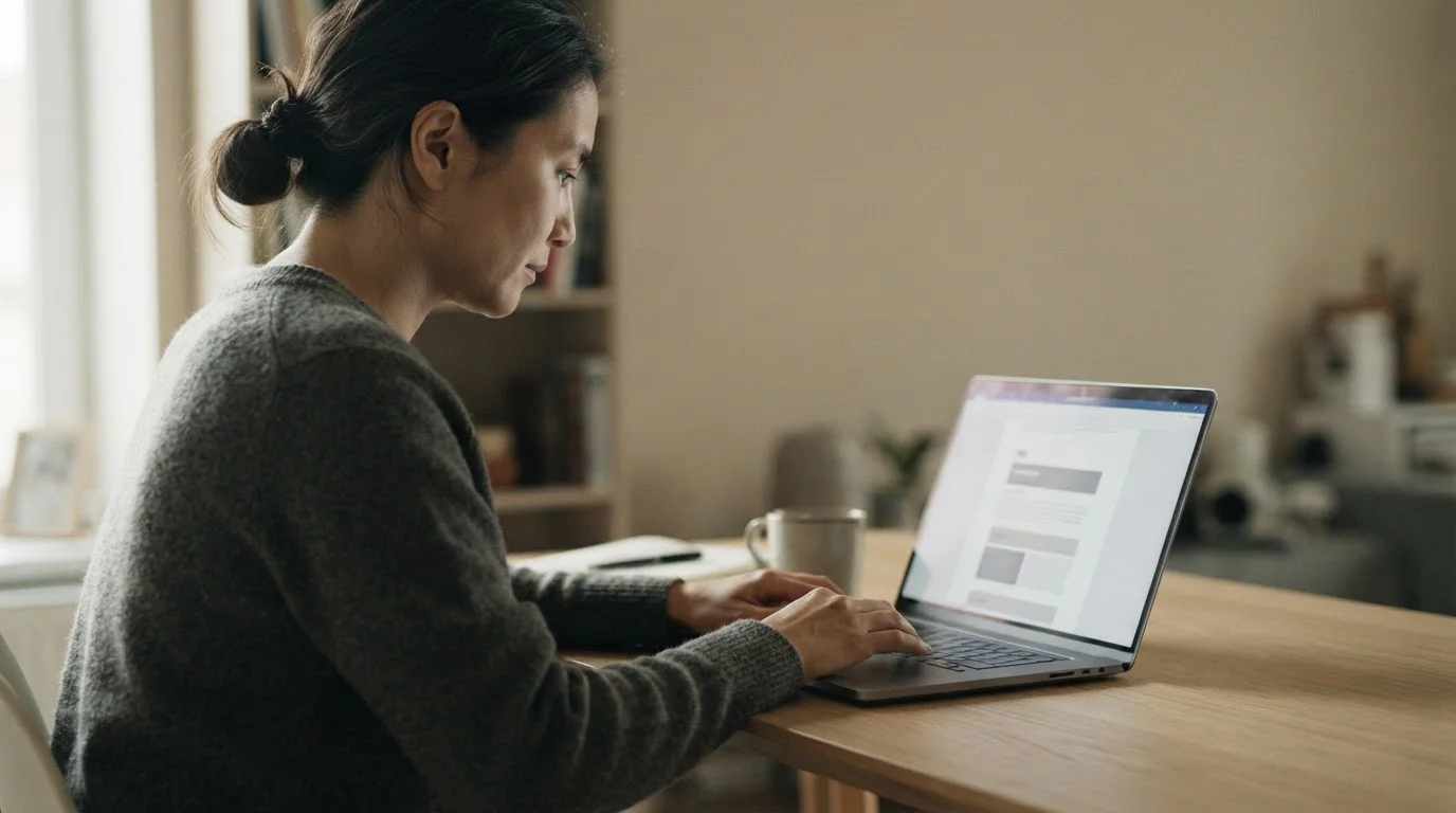Person liest Informationen zur GGL-Lizenz und LUGAS-Regulierung auf Laptop