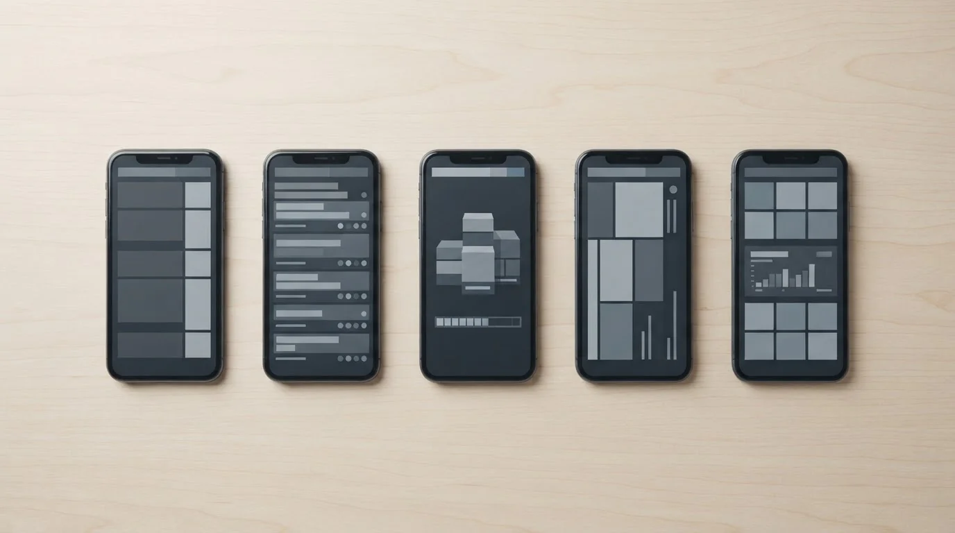 Fünf neutrale Smartphone-Bildschirme nebeneinander mit abstrakten Wettoberflächen
