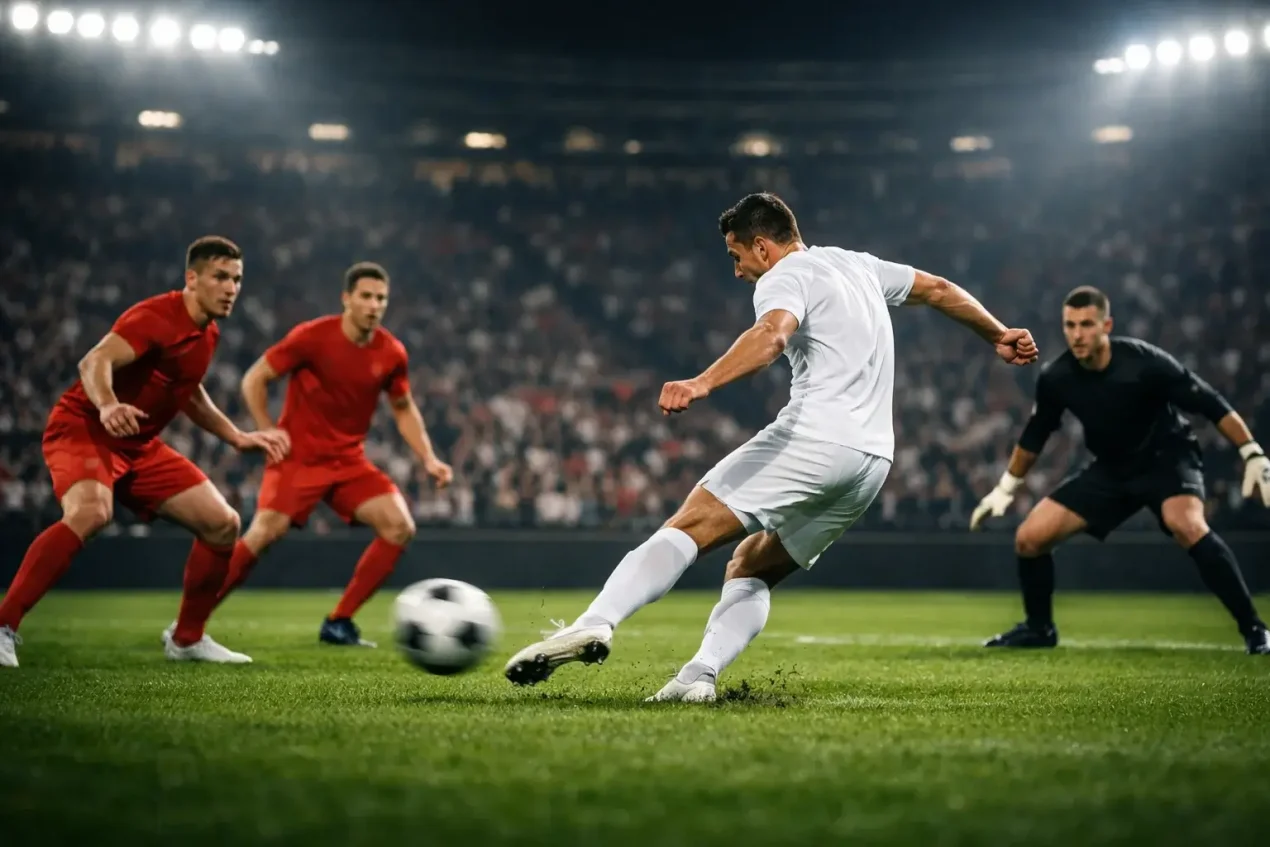 Fußballspiel im Stadion bei Flutlicht mit spannender Atmosphäre