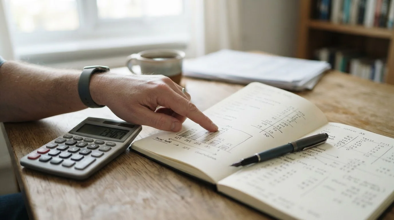 Taschenrechner und Notizbuch zeigen Berechnung von Wettquoten und Margen