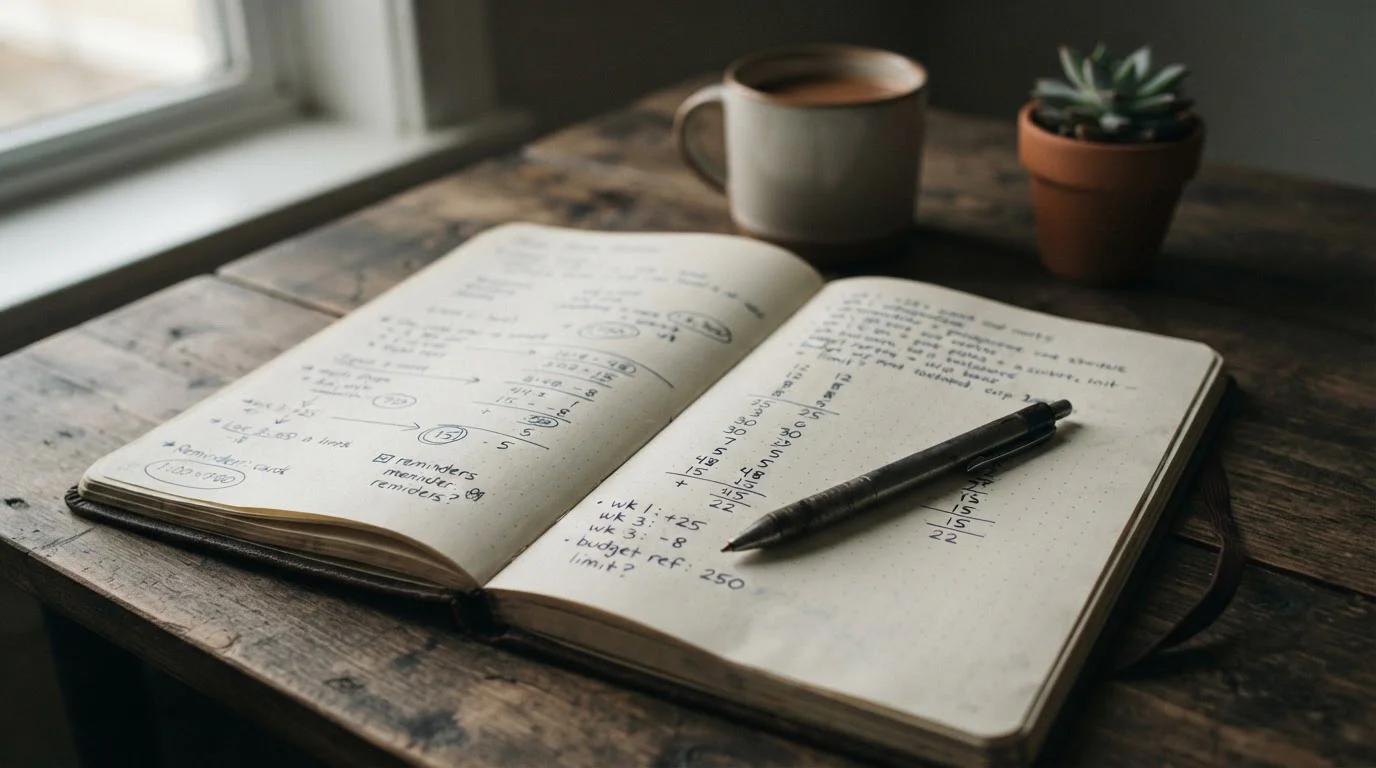 Notizbuch mit handschriftlichen Notizen zu Einsatz und Verantwortung