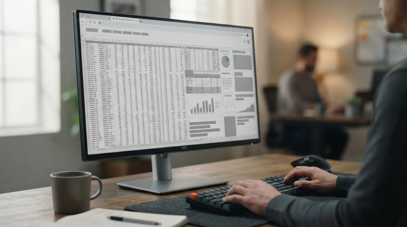 Mehrere geöffnete Browser-Tabs mit abstrakten Datentabellen auf Monitor