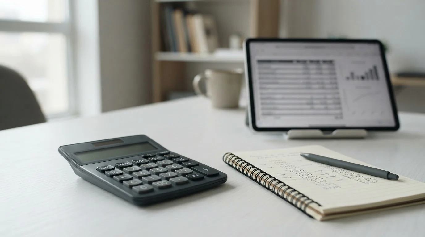 Taschenrechner und Notizblock mit Zahlenkolonnen auf Schreibtisch neben Tablet
