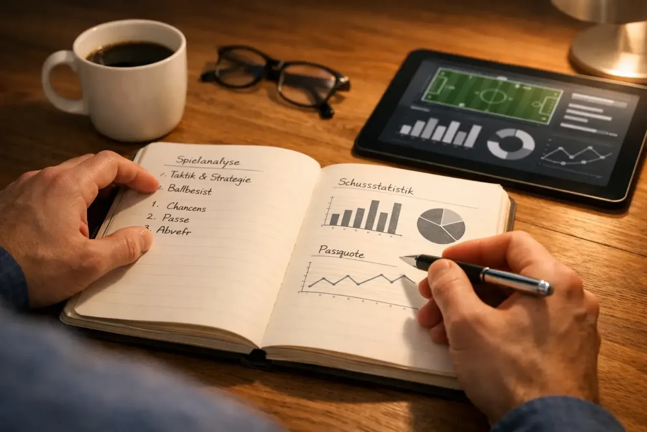 Mann analysiert Fußballstatistiken mit Notizbuch und Stift
