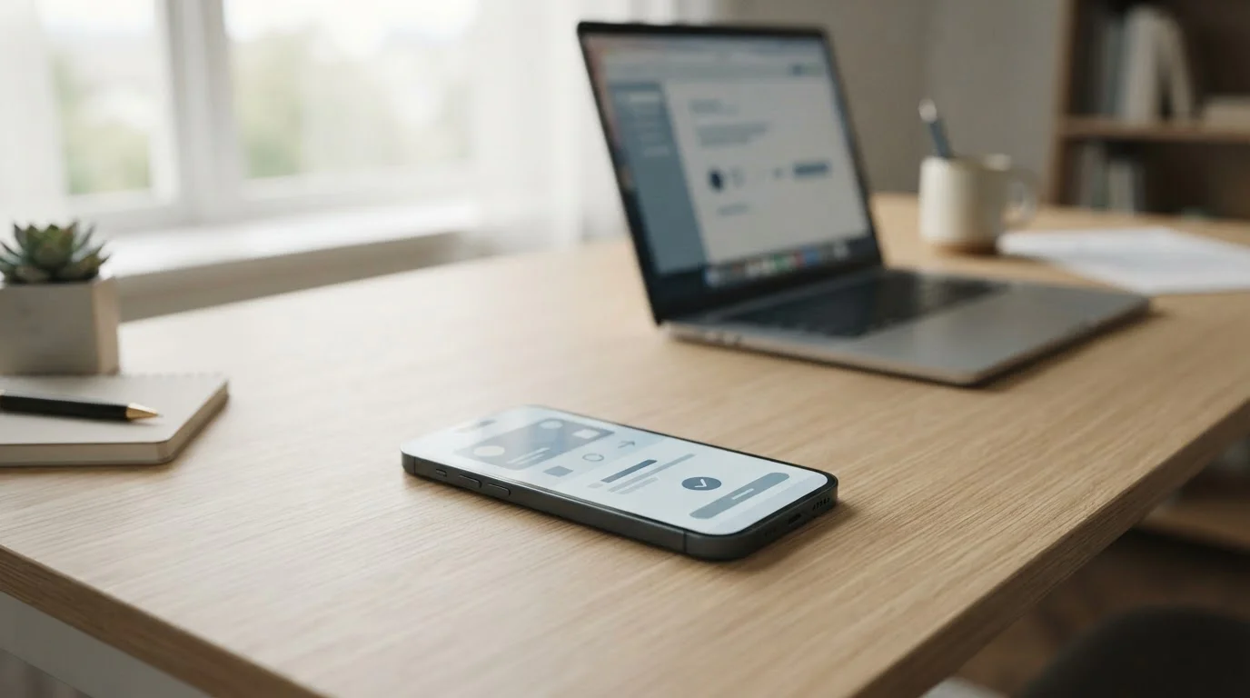 Smartphone zeigt abstrakte Zahlungsoptionen neben Laptop auf Schreibtisch