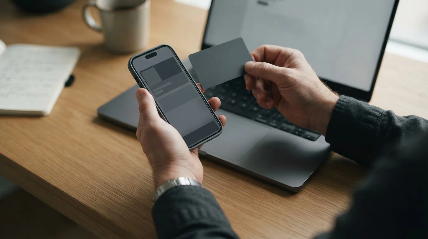 Hände halten Smartphone und Kreditkarte über neutraler Tastatur